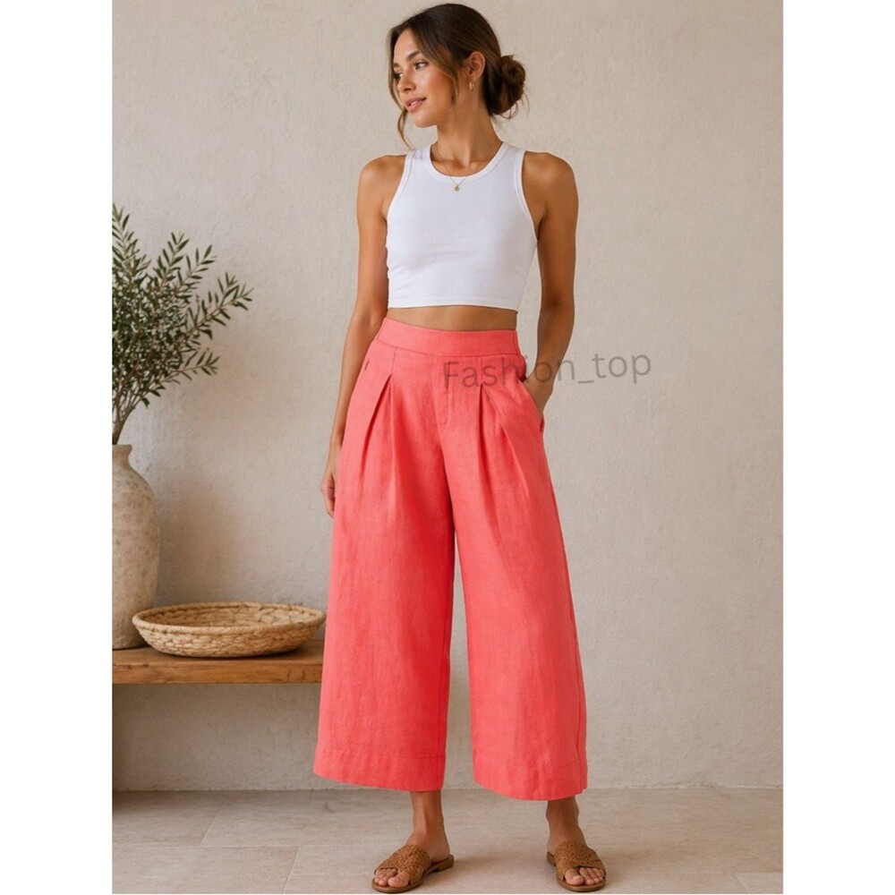 Athleta Playa Linen Wide Leg Crop High Waist Pant Passion Fruit Coral Sz 8